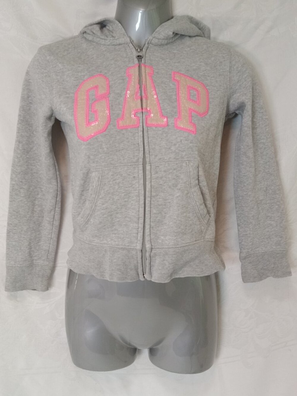GAP KIDS Gray Hoodie Size M Pink Sequins Logo Full-Zipper Y2K School Travel